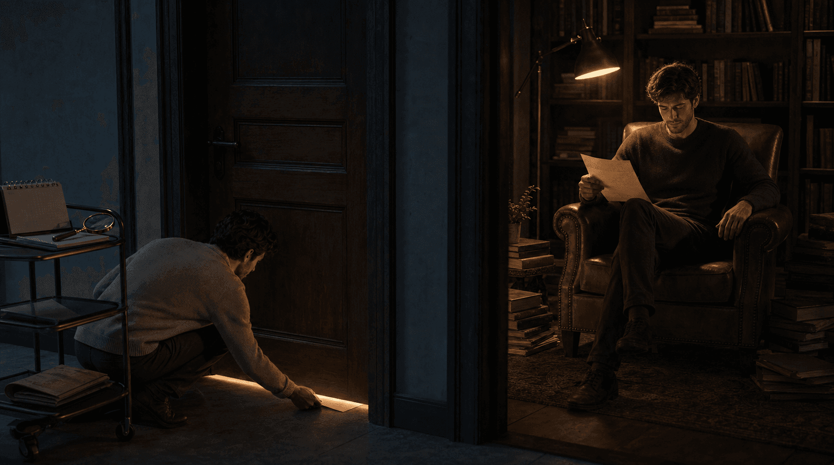 An expert reads in a sealed room while an assistant outside slides a single page under the door