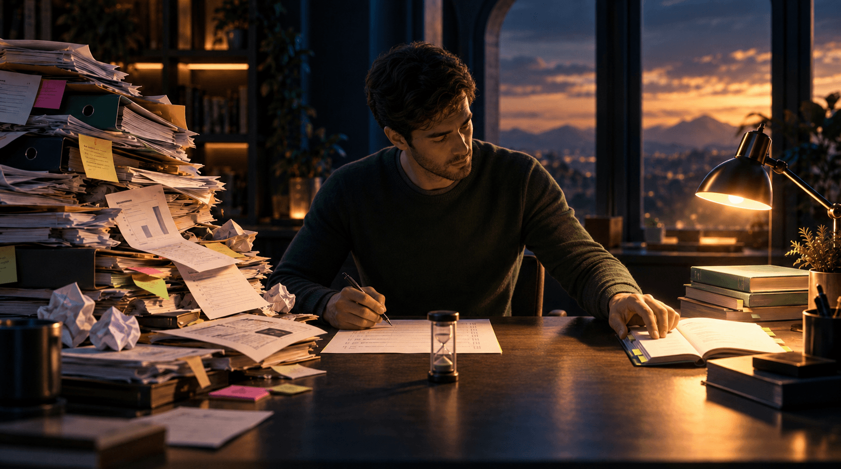 A man taking a timed exam reaches for a slim, organized notebook instead of a chaotic stack of binders