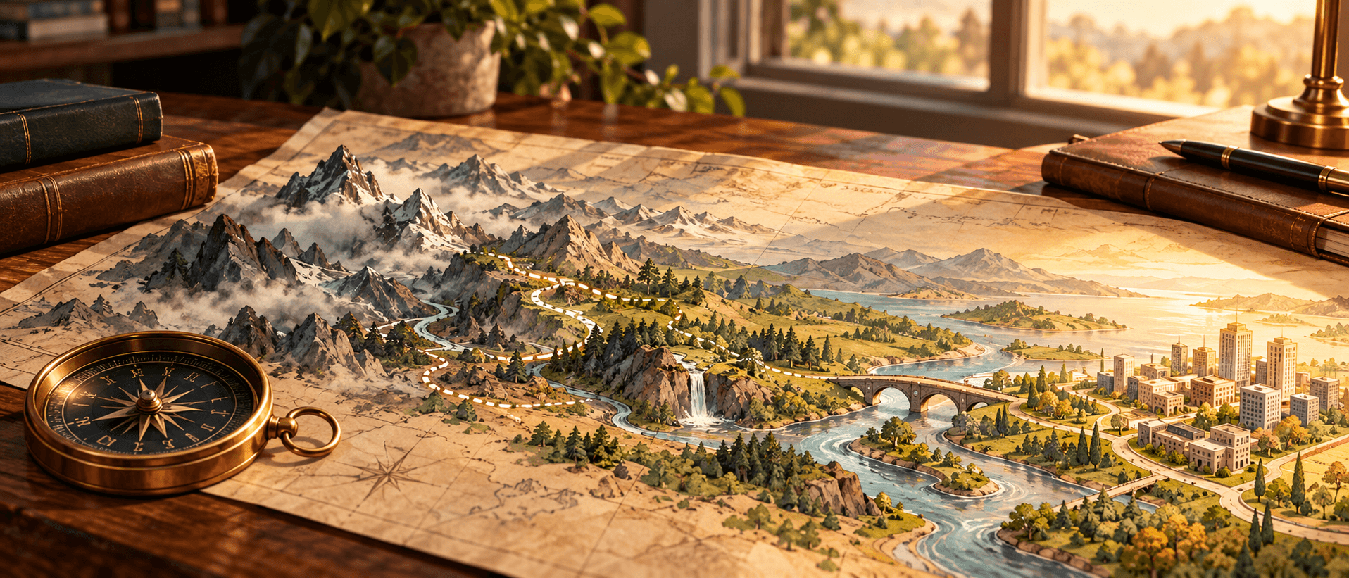 An illustrated map on a desk tracing a winding path from mountains to a city, beside a brass compass